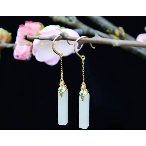 Natural Hetian Jade White Jade Chinese Earrings S925 Sterling Silver Eardrops Simple Rectangular Classical Ornament
