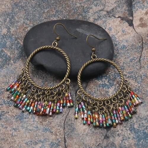 New Bohemian Colorful Rice Beads Tassel Earrings for Women Retro Simple Fashion Handwoven Personality Drop Earrings Jewelry Gift