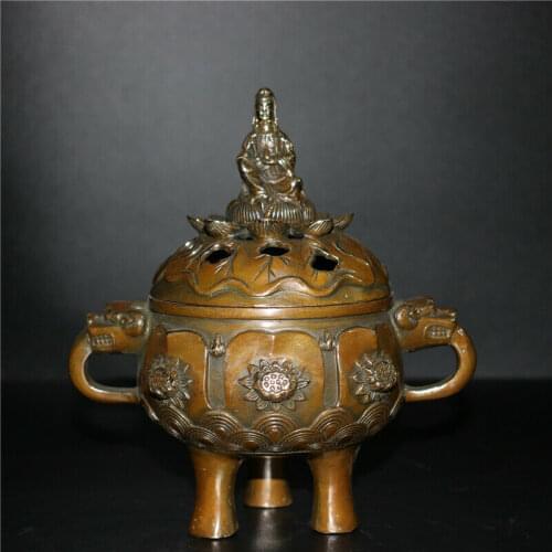 Old Brass Lotus Avalokitesvara Censer From The Chinese Antique Collection