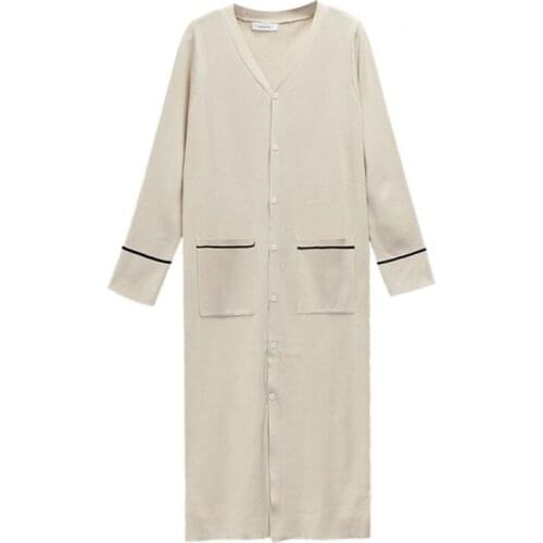 PERHAPS U Black Apricot V Neck Long Sleeve Midi Dress Solid Pocket Single-breasted Knitting Casual Dress Loose D1241