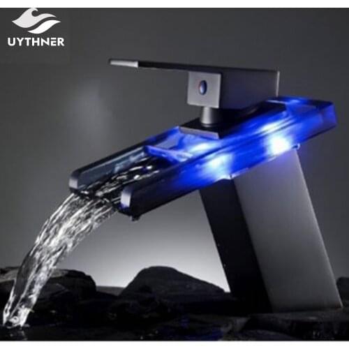 Uythner LED Glass Color Changing Waterfall Bathroom Basin Faucet Single Handle Hole Tap