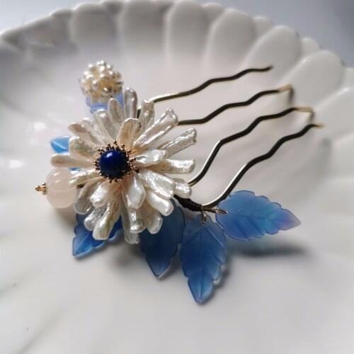 Natural Shaped Pearl Hair Comb Blue Leaves Hair Accessories For Women Autumn Chrysanthemum Hair Pins Original Design Jewelry