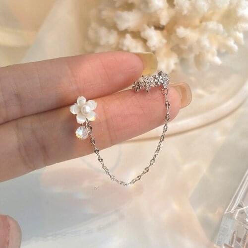 Origin Summer Bling Bling Cubic Zircon Flower Clip Earring for Women Simulation Pearl Long Tassel Metallic Earring Jewelry
