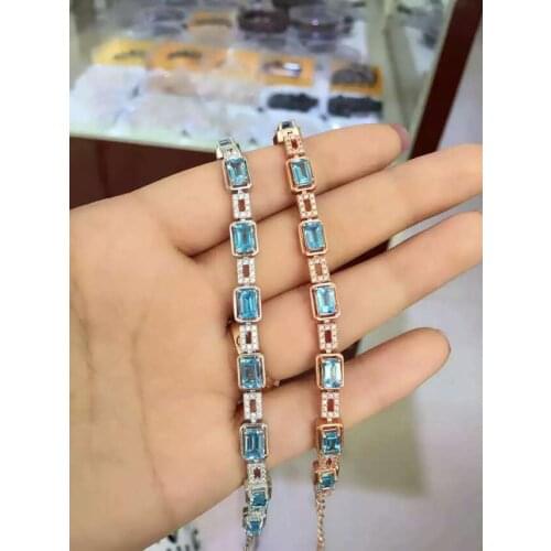 Natural blue topaz gem Bracelet Natural gemstone Bracelet 925 silver bracelet Fashion Special square Pincushion party jewelry