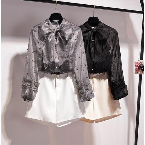 Spring new fashion big size 4XL shorts set Korean version loose pullover top + high waist shorts temperament three-piece women49