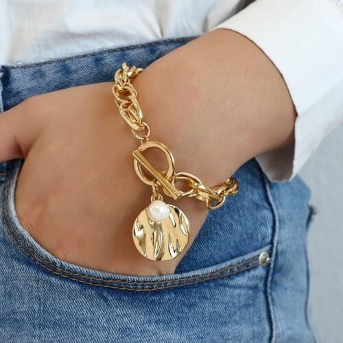 Flashbuy Thick Chain Bracelet Women Male Pearl Pendant Irregular Round Alloy Metal Charm Bracelets Statement Jewelry Pulseira