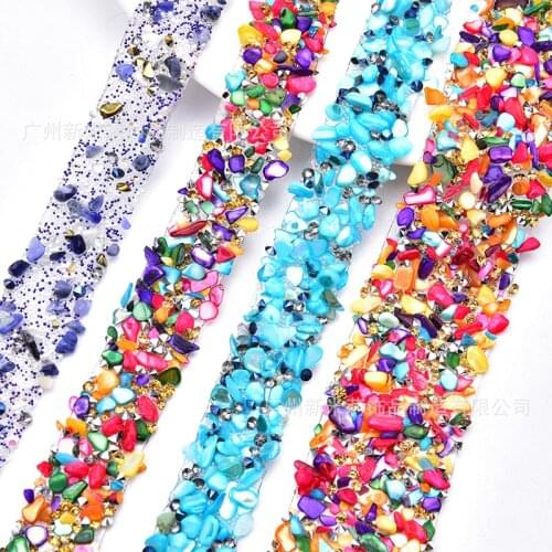 2m Blue Gold Beaded Rhinestons Lace Trim Iron On Diamond Crystal Sequined Ribbons Wrap Sewing Accessories DIY Bag Clothing Decor