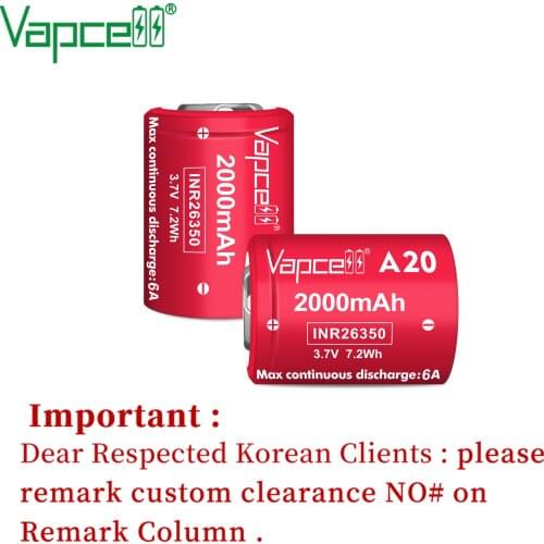 2020 Vapcell Original 26350 2000mah 6A A20 li ion battery 3.7V Rechargeable Batteries lithium cell for flashlight power tools