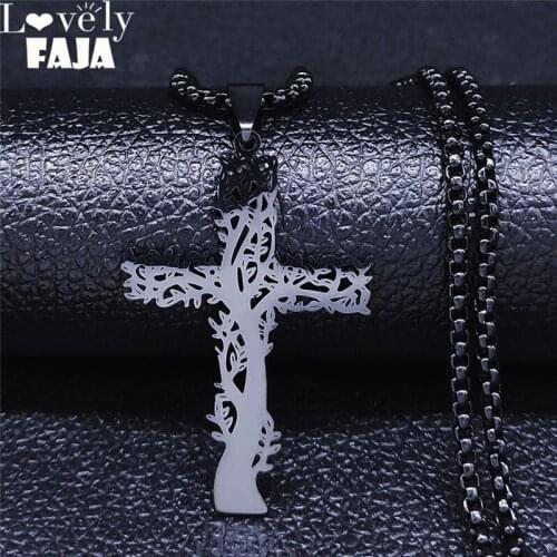 2021 Cross Tree of Life Stainless Steel Long Necklaces Men/Women Black Color Pendant Necklace Jewelry collares de mujer NXS03