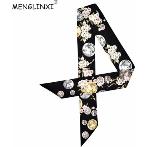 2020 New Design Coin Floral Print Silk Scarf Women Luxury Brand Scarf Handle Bag Ribbons Fashion Head Scarf Small Long Scarves