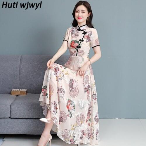 2021 Chiffon Boho Beach Maxi Sundress Summer Plus Size Print Vintage Casual Chinese Style Dress Women Bodycon Party Pink Vestido
