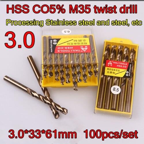 3.0*33*61mm 100pcs/set HSS CO5% M35 Containing cobalt twist drill Processing Stainless steel and steel, etc Free shipping