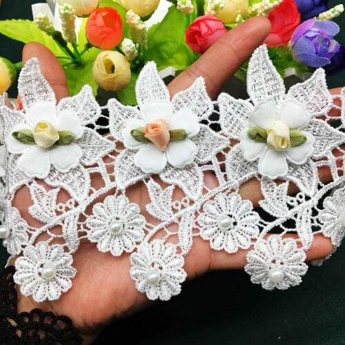 5pcs 10cm Wide Pearl Rose Flowers Soluble Embroidered Lace Trim Ribbon Fabric Sewing Craft For Costume Wedding Dress Decoration