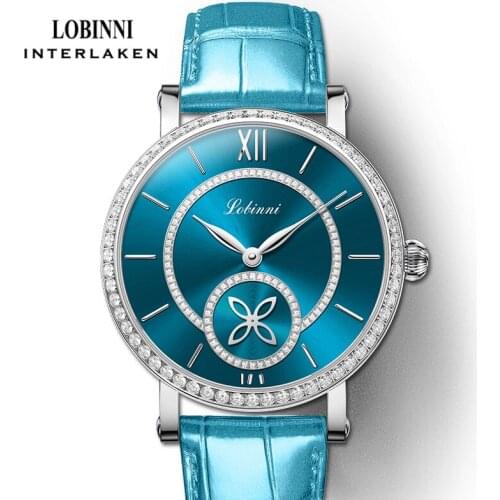 LOBINNI Fashion Women Watch Sapphire Glass Waterproof Automatic Mechanical Watches Blue Leather Strap Diamond Watch