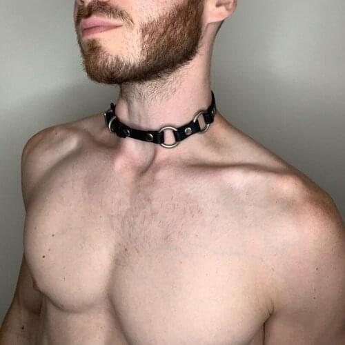 Mens Harajuku Necklace Collar Belt Fetish Men Neck Bondage Leather Collar Harness Belt BDSM Gay Sexual Body Cage Necklace