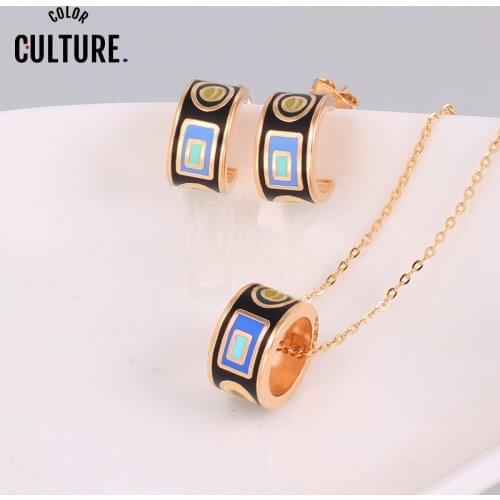 Gold-color Jewelry Sets for Women Color Pattern Design Shape Pendant/Earrings Women Enamel Vintage Jewelry Sets