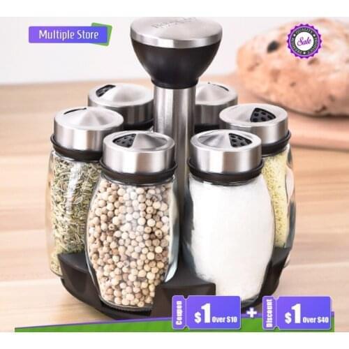 Stainless Steel Rotary Seasoning Jar Set Box Kitchen Salt And Pepper Shakers Household Bottle Sauce Spice Container Rack Spices