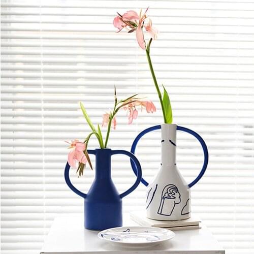 Nordic Hand Painted Double Ear Ceramic Vase Flower Creative Living Room Home Ornaments Flower Arrangement Art Dried Flower Vase