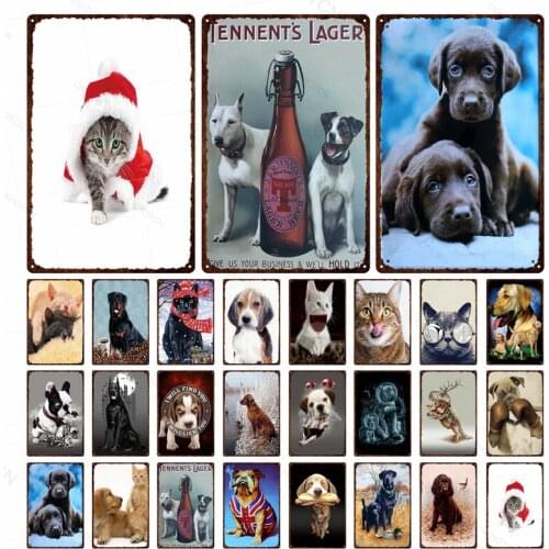Cute Cat And Dog Metal Plate Cafe Pets Shop House Iron Painting Vintage Animals Tin Sign 20x30