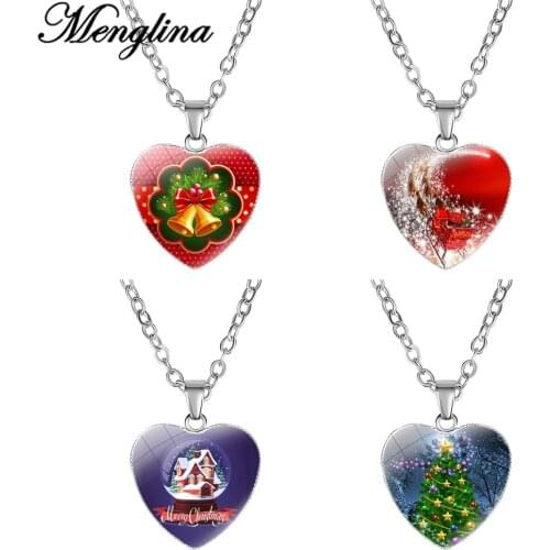 Fashion Merry Christmas Tree Jingle Bell Pendant Necklace Glass Cabochon Love Heart Charm Necklace for Little Girls Women Gifts