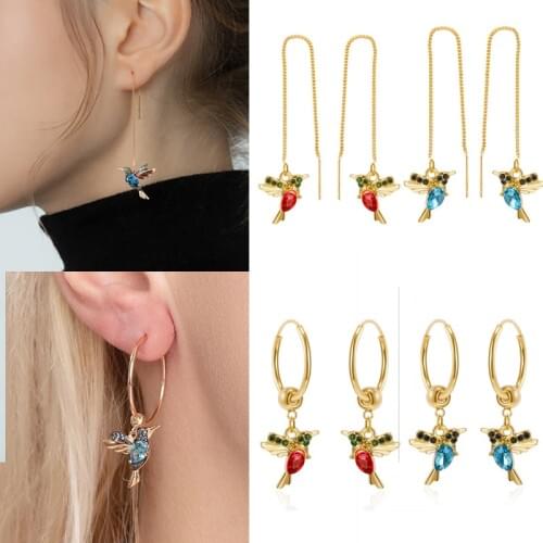 Rinhoo New Fashion Round Circle Hummingbird Pendant Long Tassel Crytal Drop Earring Female Charm Jewelry Gift