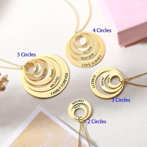 Personalized Engraved Open Circles Necklace Sterling Silver Rose Gold Color Mothers‘ Gift Familiy Name Necklace Custom Jewelry