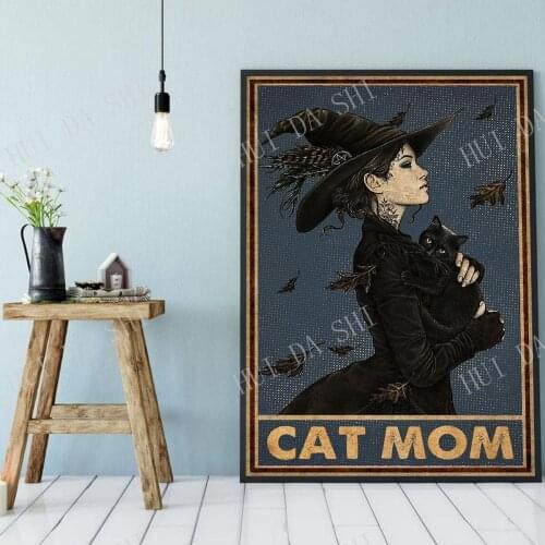Cat Mom Poster, Salem Cat Halloween Art, Halloween Poster Witch & Cat Print, Salem Black Cat Art, Witchcraft Wal Decor