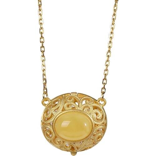 S925 sterling silver gold-plated natural amber wax pendant retro hollow pattern can open perfume bag sets of chains