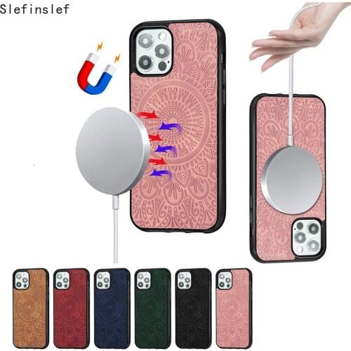 Retro 3D relief PU Leather Magsafe Case for iPhone 12 Pro Adsorption Card Bag Wireless Charger Magnetic Cover for iPhone 12 Case