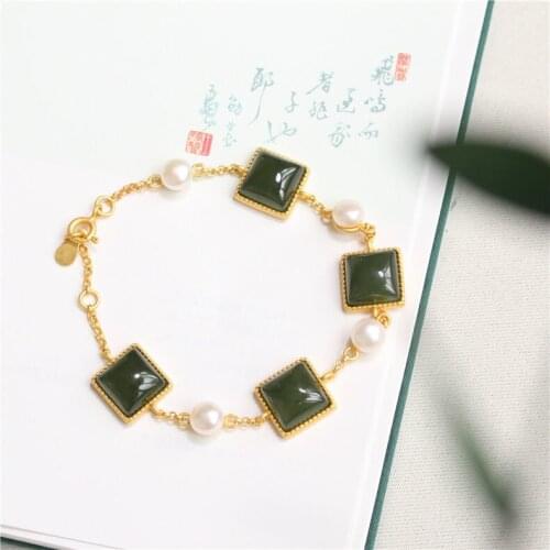 S925 Sterling Silver Geometric Square Bracelet Natural Hetian Jade Gray Jade Bracelet Fashion Full Ornament for Women