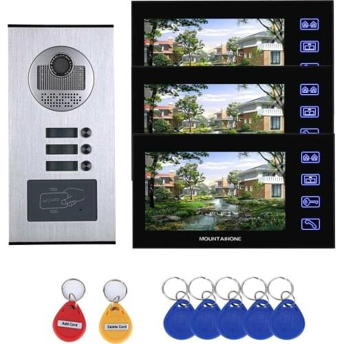 7inch Video Intercom 3 Apartments System with RFID IR-CUT HD 1000TVL Camera Doorbell Camera