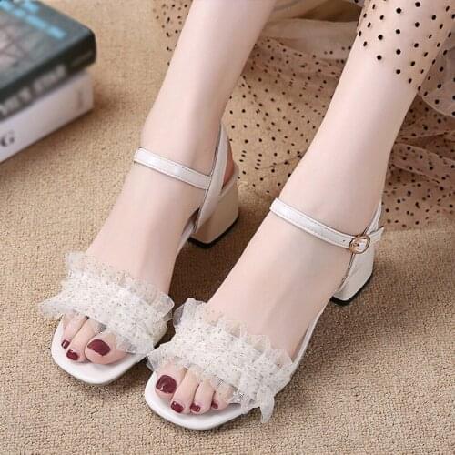 Women Sandals Chuncky Heels Lace Shoes Summer Buckle Strap Woman PU Square Toe Footwear Plus Size Pumps New Female Fashion Shoe