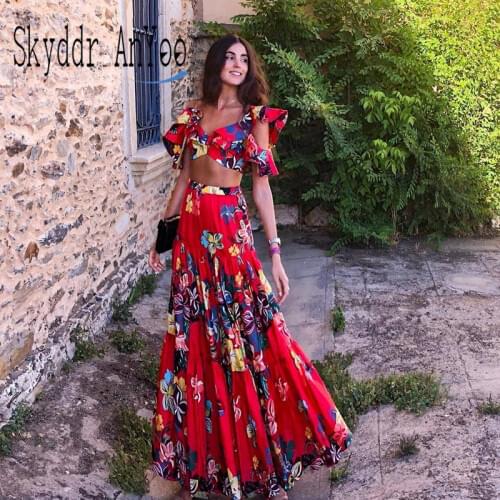 Women Two Piece Set Summer Maxi Dress Floral Printed Sexy Spaghetti Straps Red Boho Beach Dress Long Dress Vestidos