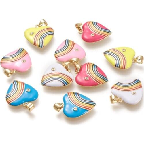 10pcs Brass Enamel Heart Rainbow Pendants for Cute necklace jewelry making DIY Crafts Decor,21x18.5x3.5mm, Hole: 3.5x5mm