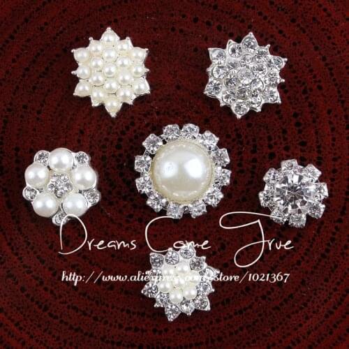 20pcs/lot) 6 Styles Cute Trendy Handmade Metal Rhinestone Pearl Button Clear Artificial Alloy Crystal Flatback Wedding Buttons