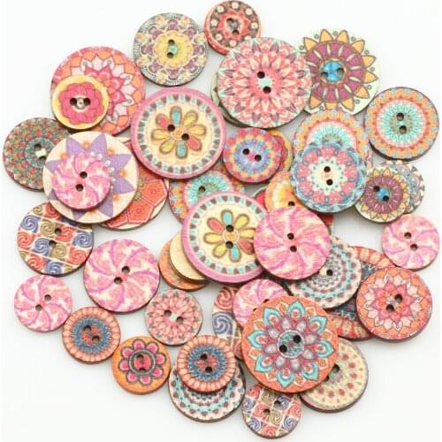 50pcs Retro Flower Series Wooden Buttons 15-25mm Mixed Buttons For Handwork Sewing Scrapbooking DIY Clothing Crafts Decor