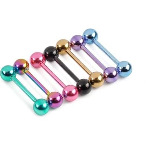 7pcs/set Steel Bar Tongue Rings ball Rainbow Black Gold Color Navel Bell Button Rings Plain Double Ball Bell Rings Body Piercing