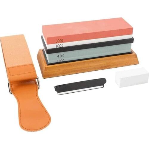Promotion! Whetstone Knife Sharpener Grit 400/1000/3000/6000 Waterstone Flattening Stone Kitchen Sharpener with NonSlip Bamboo B