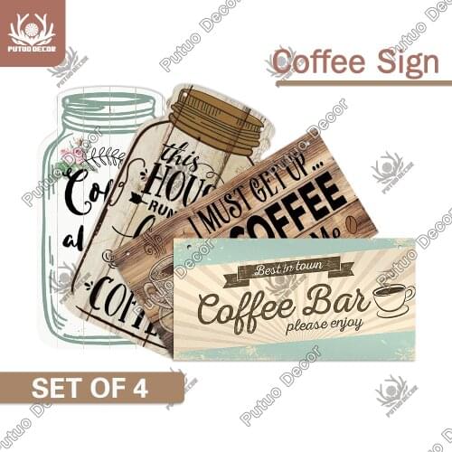 Putuo Decor 4PCS Coffee Signs Wood Sign Rustic Wooden Hanging Plate Wood Plaque for Home Kitchen Bar Pub Wall Decoration Gifts