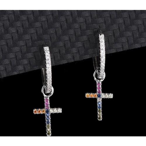 European And American S925 Sterling Silver Jesus Cross Colored Diamonds Female Earrings Fashion Personalized Earrings