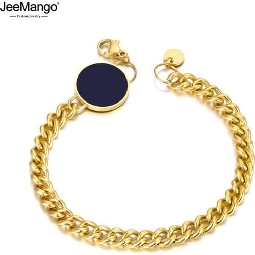JeeMango 316L Stainless Steel Bohemia Black Acrylic Chain & Link Bracelets For Women Fashion Round Disc Charm Bracelet JB20144