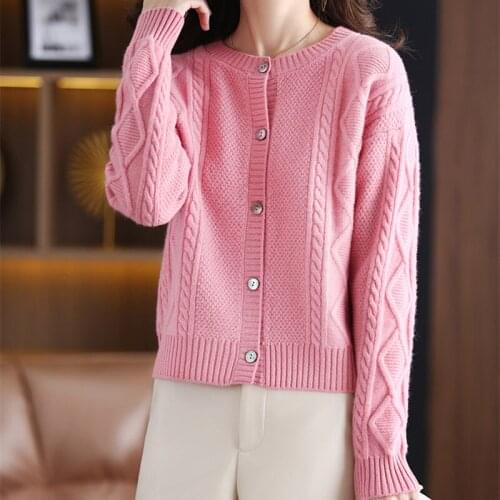 Women V-neck Long Sleeve Knitted Cardigan Sweater Autumn Winter 100% Wool Thicken Solid Warm Cardigans Female Loose Trendy Tops