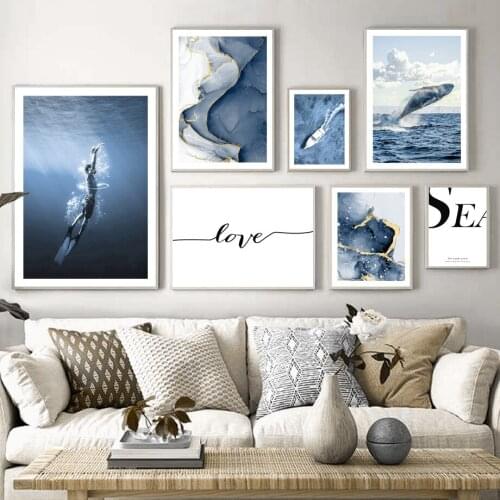 Blue Sea Deep Ocean Diver Yacht Whale Tail Art Canvas Painting Nordic Posters And Prints Wall Pictures For Living Room Decor