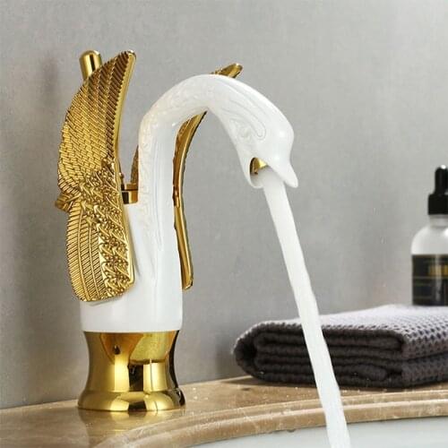 Gold White Brass Basin Faucets Swan Mixer Hot Cold Sink Single Hole Handle Water Tap Deck Mounted Copper Bathroom Accessories