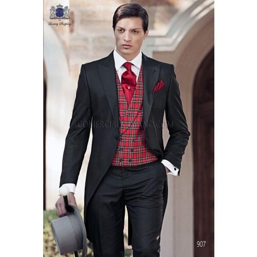 2020 Black Red Plaid Vest Tailcoat Morning Slim Fit Party Suits Men Wedding Dress For Men Custom Made Tuxedo Groom Suit Blazer