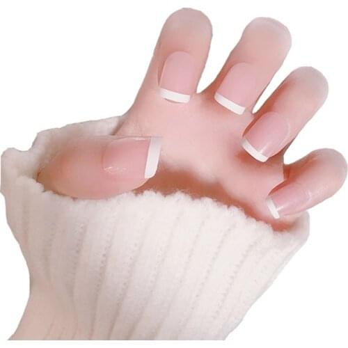 24pcs Women Manicure Finished Fake Nails French Style Short Full Cover Nude Color Artificial Nail Patches With Glue WD