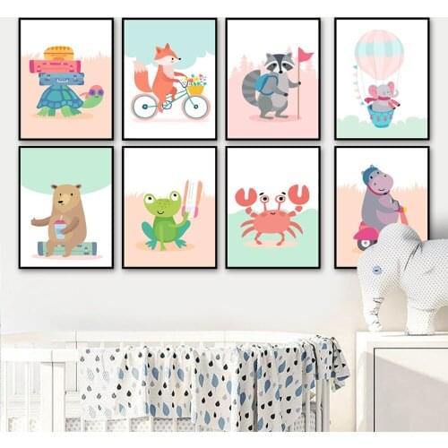 Tortoise Fox Raccoon Elephant Hippo Crab Frog Wall Art Canvas Painting Nordic Posters And Prints Wall Pictures Kids Room Decor