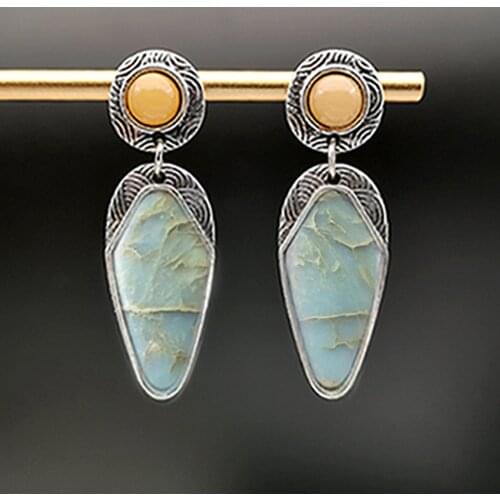 New Topaz With Marble Geometric Pendant Earrings Ethnic Pattern Retro Earrings For Women Fine Jewelry Gift Fashion Wedding Style