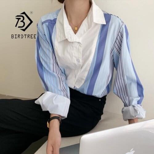 Autumn New Women Vintage Striped Patchwork Blue Shirt Full Sleeve Turn Down Collar Casual Blouse BF Style Korean Basic Tops T16