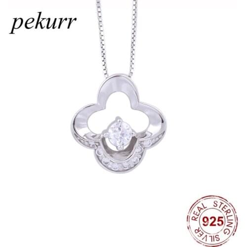 Pekurr 925 Sterling Silver Hollow Zircon 4 Leaf Clover Necklaces For Women Lucky Leaf Pendants Party Fashion Jewelry